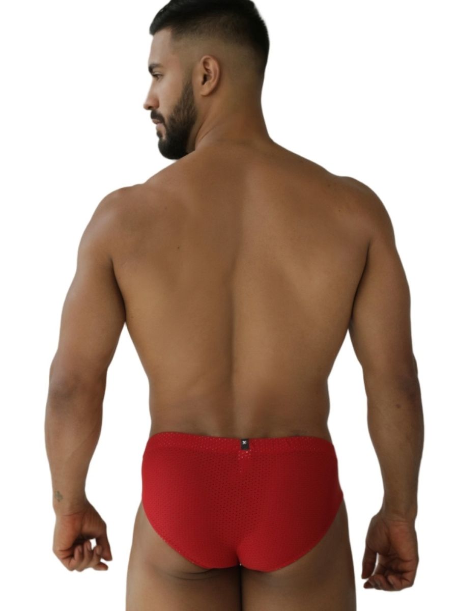 Back view of xtremen 91270 red microfiber mesh briefs with a small metallic clasp detail
