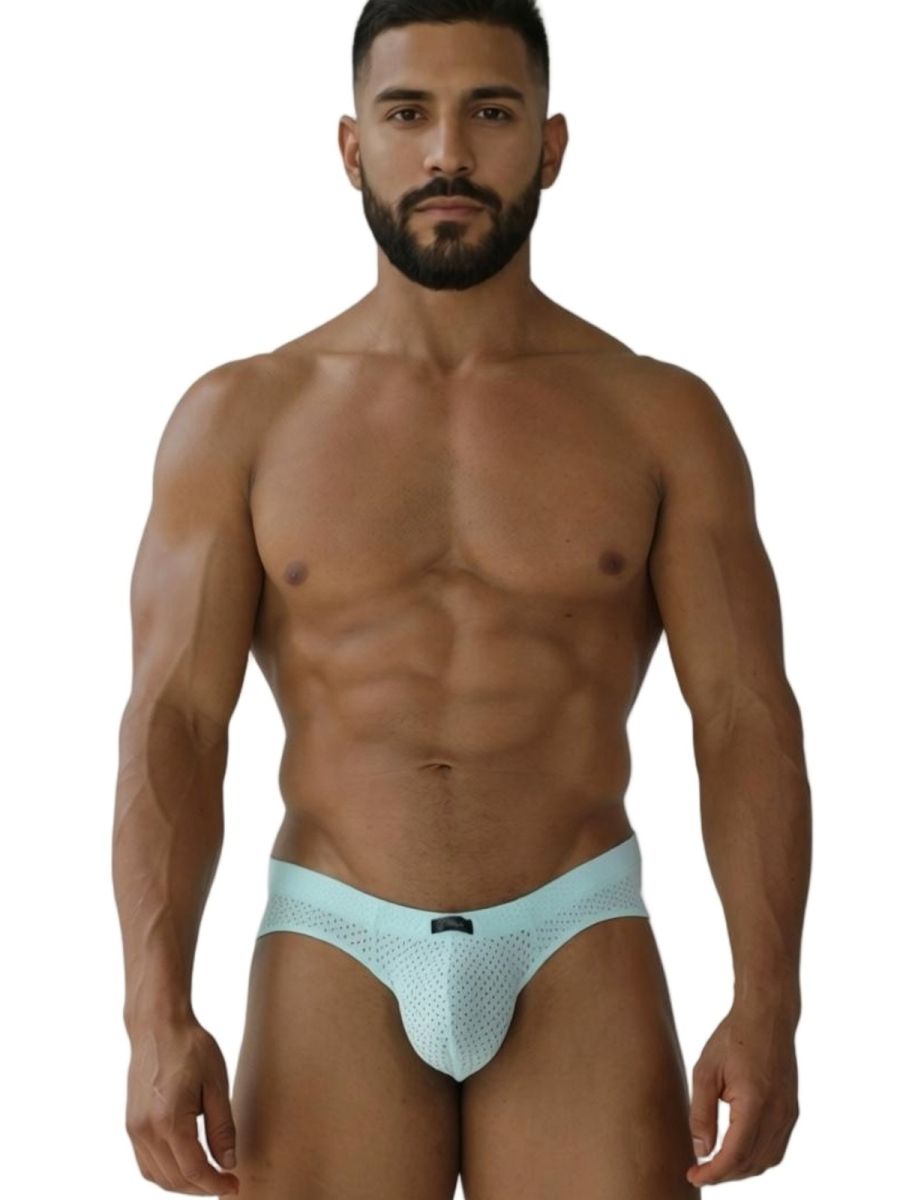 Xtremen 91270 microfiber mesh briefs in seawater blue with subtle pattern and small black brand tag on waistband