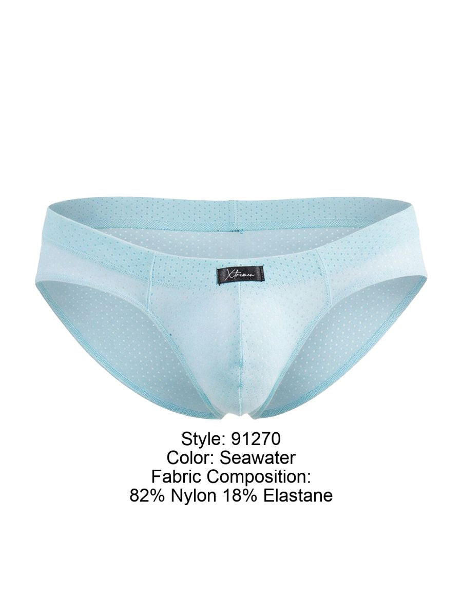 Light blue seawater microfiber mesh men’s briefs with subtle dotted texture made of 82 nylon 18 elastane
