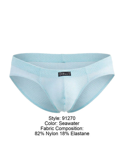 Light blue seawater microfiber mesh men’s briefs with subtle dotted texture made of 82 nylon 18 elastane