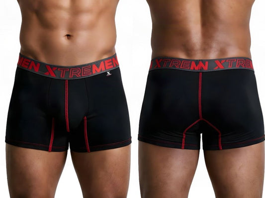 Front and back views of a man wearing black boxer briefs with red contrast stitching and a branded waistband.