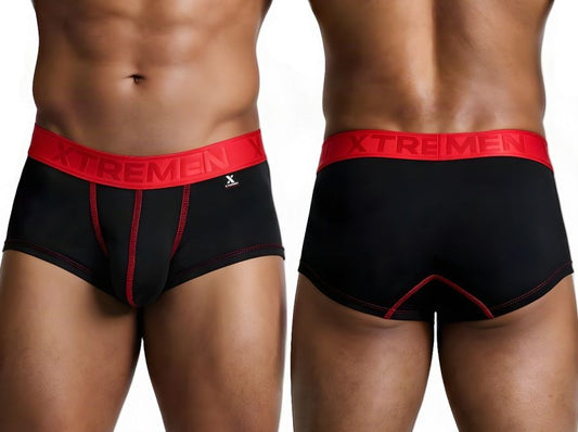 Front and back views of a man wearing black athletic briefs with a red waistband and red stitching.