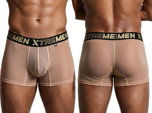 Front and back views of brown mesh boxer briefs on a model, featuring a black waistband.