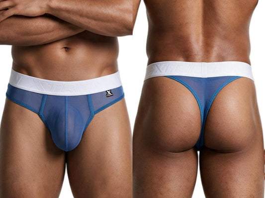 Front and back views of a man wearing blue mesh thongs with a thick white waistband.