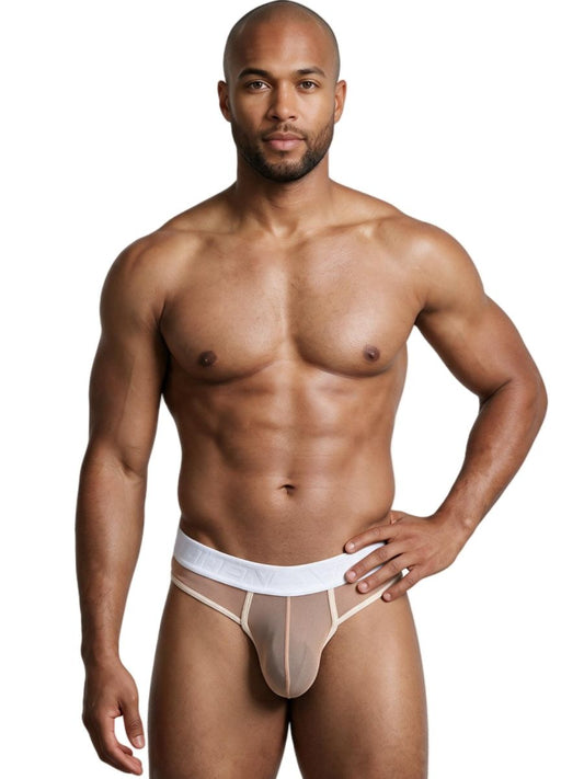 Man wearing brown mesh thong underwear with a wide white waistband, front view.