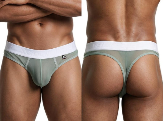 Front and back views of green mesh thongs with a wide white waistband on a model.