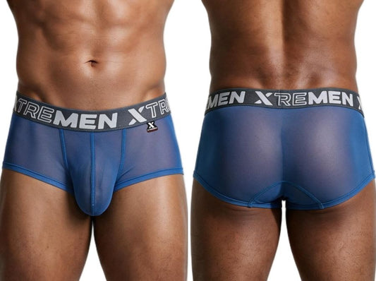 Front and back views of a man wearing blue mesh breathable briefs with a gray branded waistband.