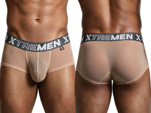 Xtremen men's brown microfiber mesh briefs shown from front and back on a model.