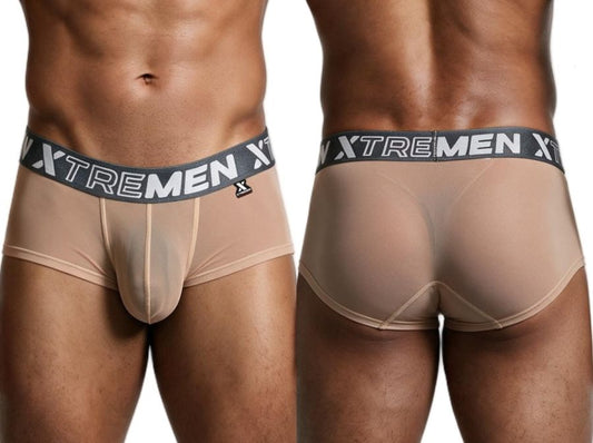 Xtremen men's brown microfiber mesh briefs shown from front and back on a model.