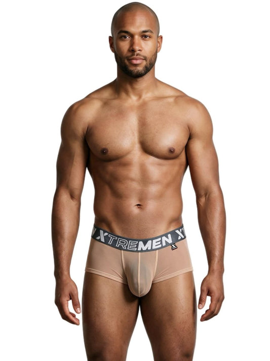 A muscular man models brown mesh briefs with a branded "XTREMEN" waistband.