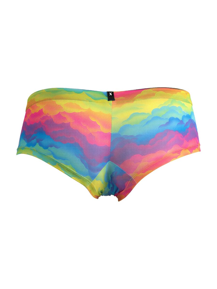 Vibrant rainbow cloud-patterned men’s briefs in sheer microfiber fabric with black Xtremen waistband tag