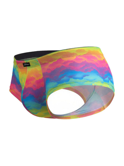 Xtremen 91283 rainbow printed microfiber briefs with vibrant rainbow tie-dye pattern and black elastic waistband