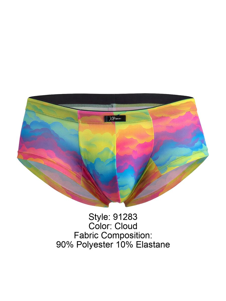 Xtremen 91283 rainbow printed microfiber briefs in vibrant cloud pattern with black waistband in polyester elastane blend
