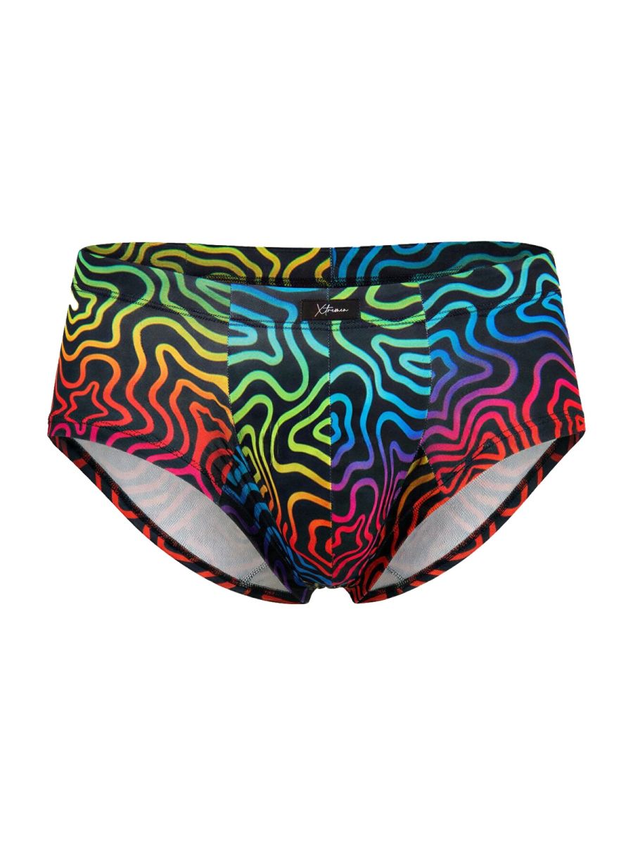 Xtremen 91283 rainbow printed microfiber briefs with vibrant rainbow wave pattern stretchy seamless fabric and black trim