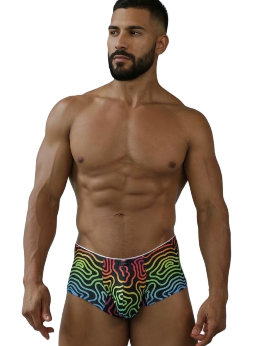 Xtremen 91283 rainbow printed microfiber briefs with vibrant rainbow psychedelic wave pattern swim trunks design