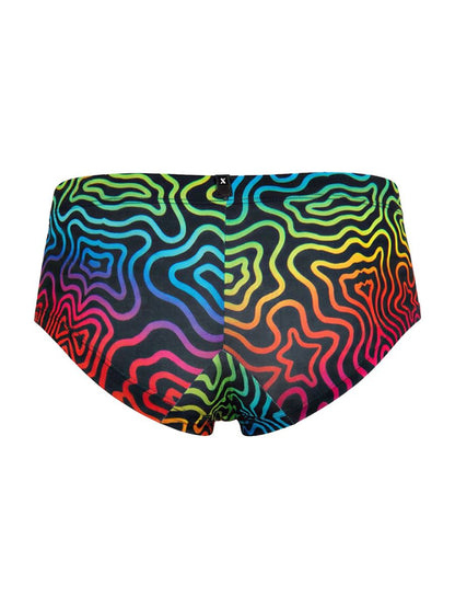 Xtremen 91283 rainbow printed microfiber briefs featuring vibrant rainbow psychedelic wave pattern on black fabric