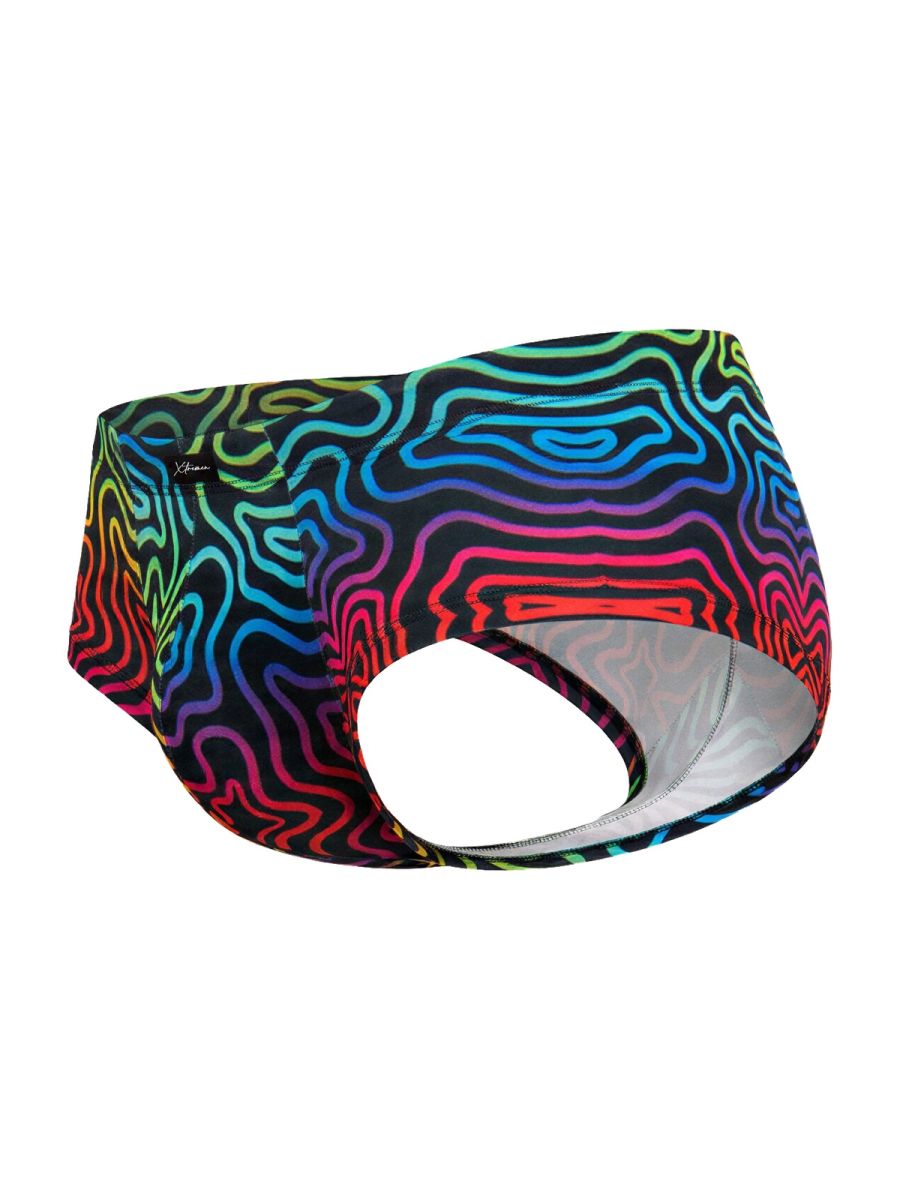 Xtremen 91283 rainbow printed microfiber briefs with vibrant rainbow wavy topographic pattern on black fabric