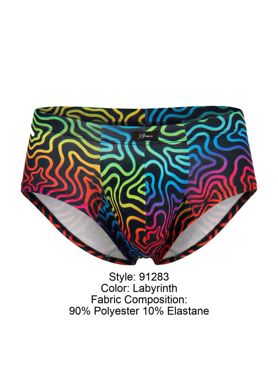 Xtremen 91283 rainbow printed microfiber briefs with vibrant psychedelic labyrinth pattern and black trim swim trunks