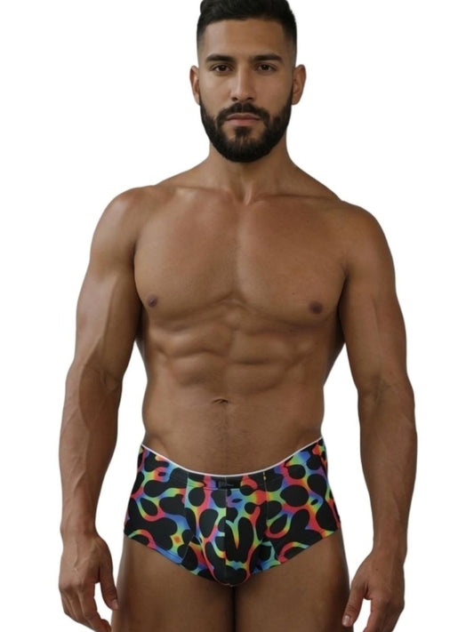 Xtremen 91283 rainbow printed microfiber briefs in mushroom color with rainbow leopard print and black spots