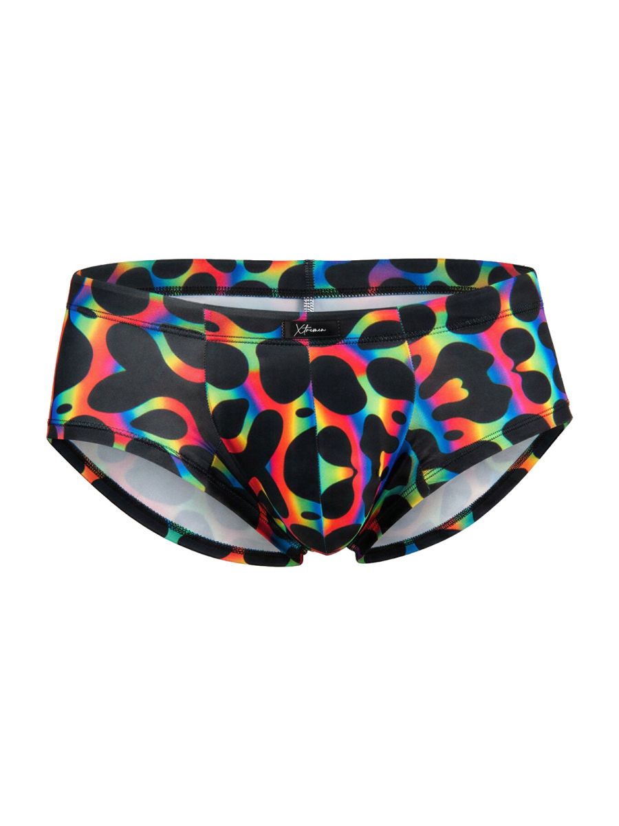 Xtremen 91283 rainbow printed microfiber briefs in vibrant rainbow colors with bold black leopard print pattern