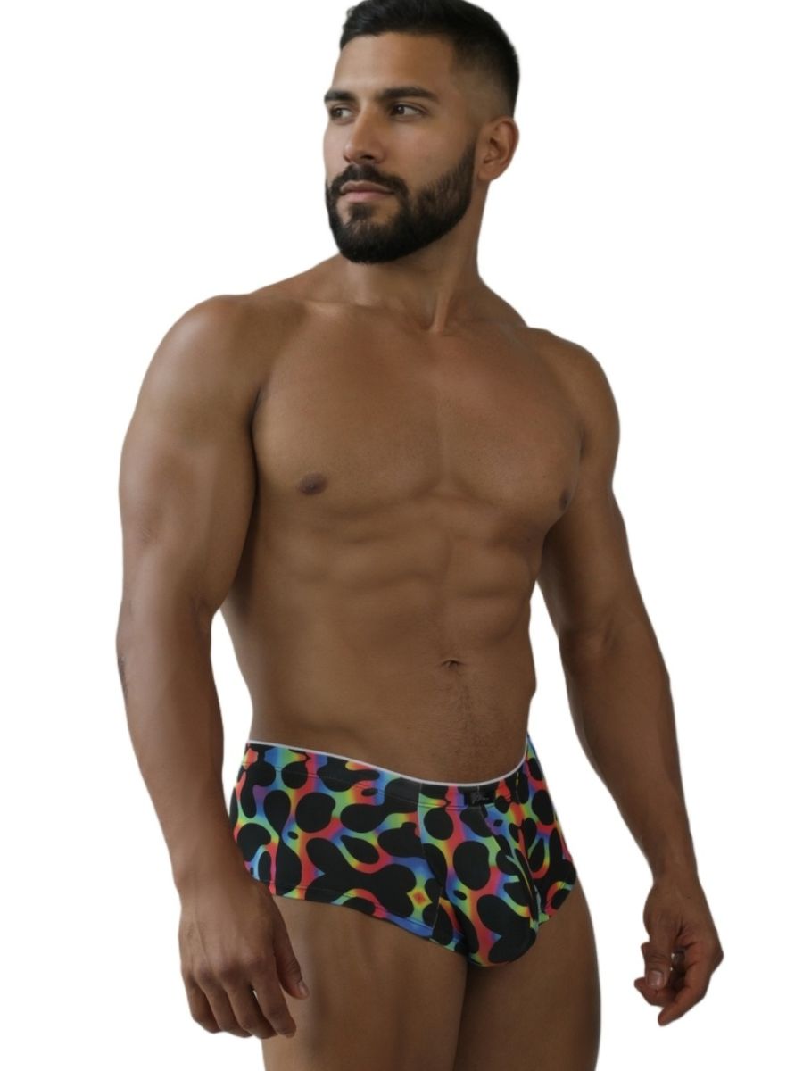 Men’s xtremen 91283 rainbow printed microfiber briefs in mushroom color with vibrant multicolored leopard print and white waistband