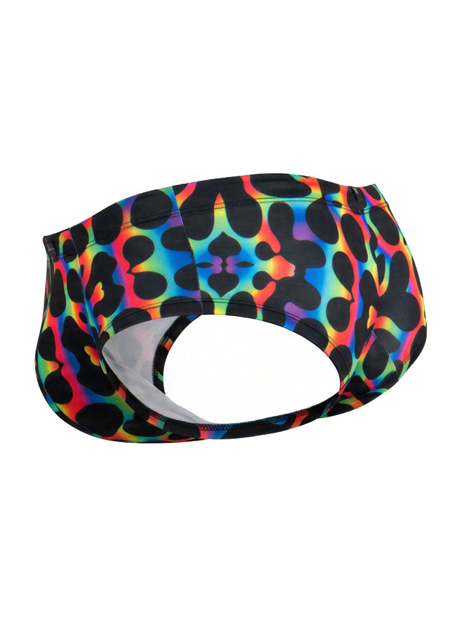 Xtremen 91283 rainbow printed microfiber briefs in vibrant rainbow colors with bold black leopard print pattern