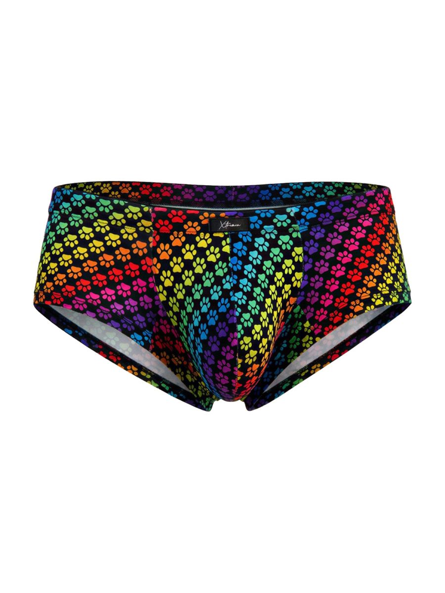 Xtremen 91283 rainbow printed microfiber briefs with vibrant rainbow paw print pattern on black fabric