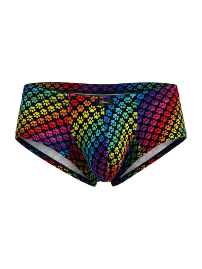 Xtremen 91283 rainbow printed microfiber briefs with vibrant rainbow paw print pattern on black fabric