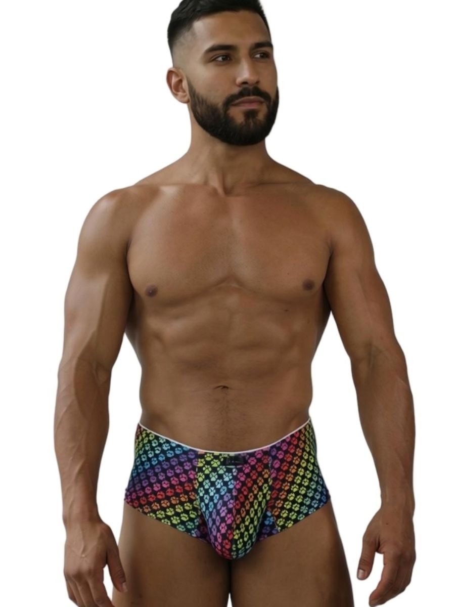 Xtremen 91283 rainbow printed microfiber briefs with a rainbow-colored geometric pattern and paw print design