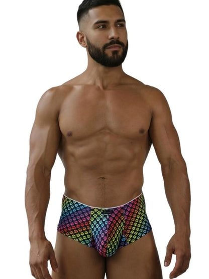 Xtremen 91283 rainbow printed microfiber briefs with a rainbow-colored geometric pattern and paw print design