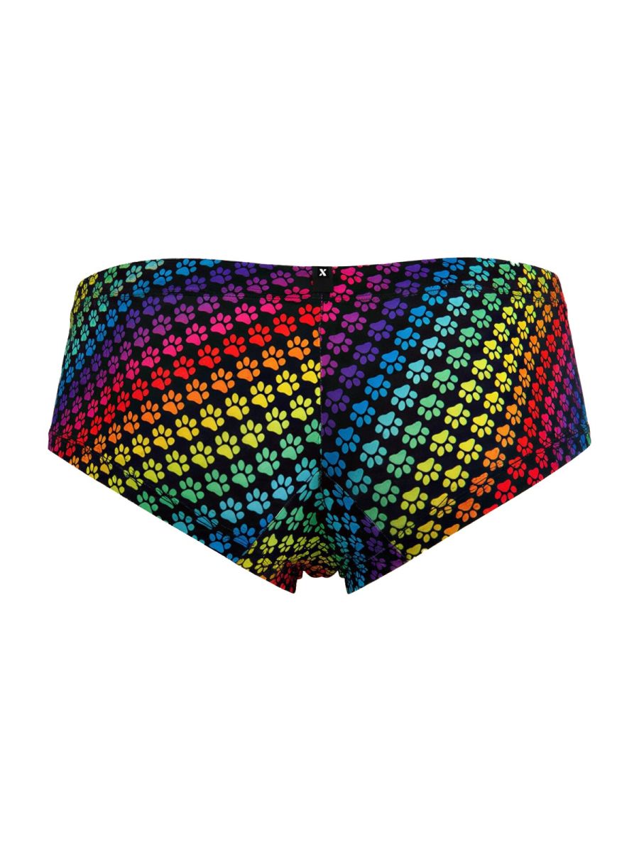 Xtremen 91283 rainbow printed microfiber briefs with black fabric and rainbow-colored paw print pattern