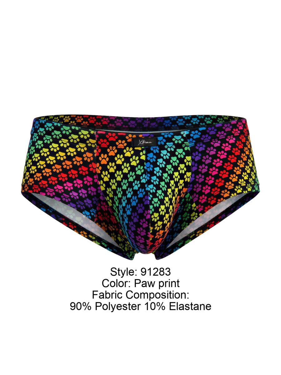Xtremen 91283 rainbow printed microfiber briefs with rainbow paw print in stretchy polyester and elastane blend