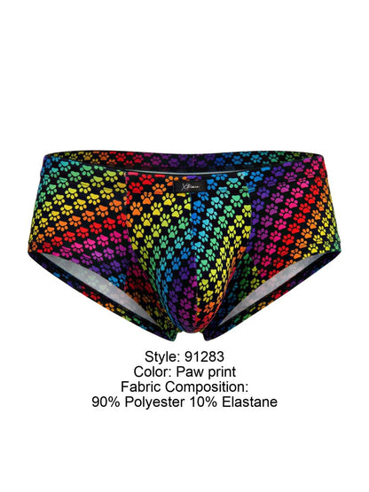 Xtremen 91283 rainbow printed microfiber briefs with rainbow paw print in stretchy polyester and elastane blend