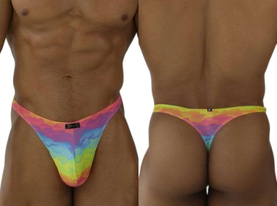 Xtremen 91284 printed microfiber thong in vibrant rainbow tie dye with soft stretchy fabric and sleek modern design