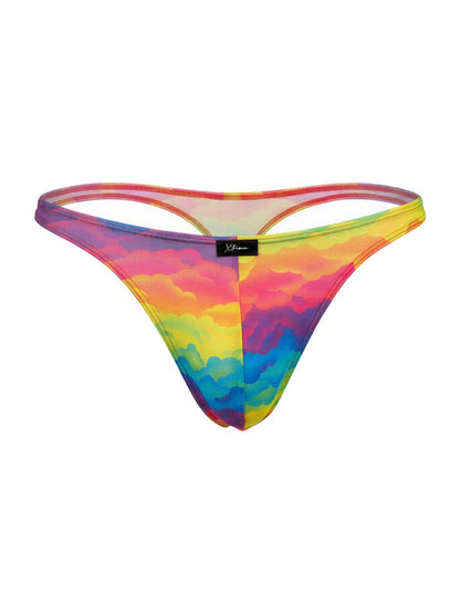 Vibrant rainbow cloud-patterned Xtremen 91284 microfiber thong in stretchy fabric with black brand tag