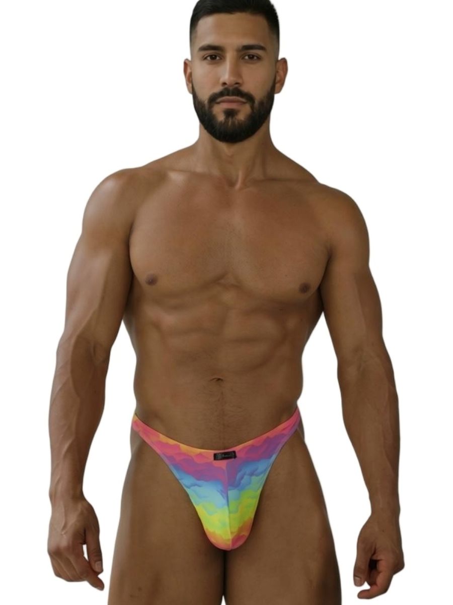 Xtremen 91284 printed microfiber men’s thong in vibrant rainbow tie-dye colors front view