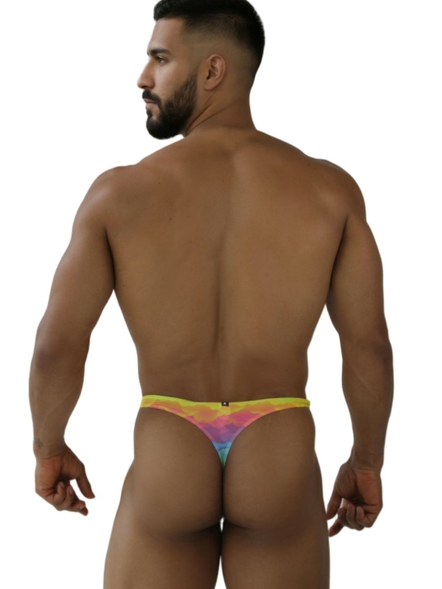 A vibrant rainbow tie-dye Xtremen 91284 printed microfiber thong with a snug, form-fitting design
