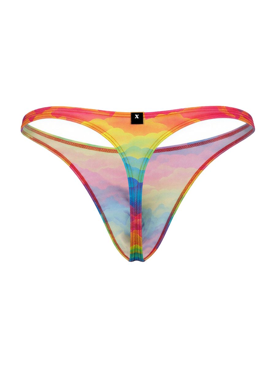 Rainbow tie-dye mesh microfiber thong with black Xtremen brand tag at center waistband from color cloud collection