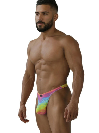 Xtremen 91284 printed microfiber men’s thong in rainbow tie dye with a snug form fitting design visible from the back