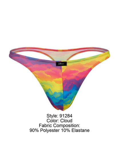 Vibrant rainbow cloud-patterned xtremen 91284 printed microfiber thong in polyester elastane with sleek form-fitting design