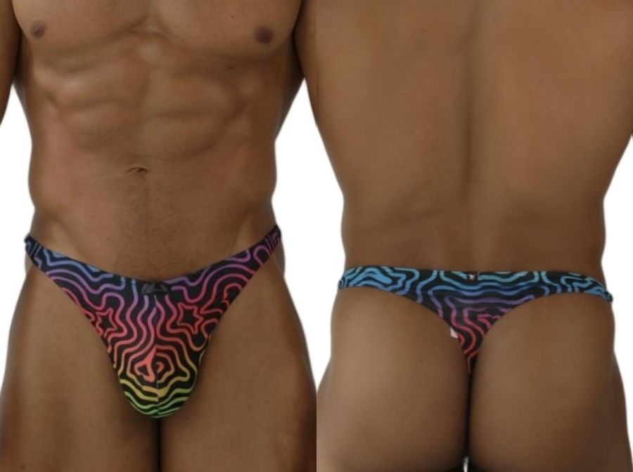Xtremen 91284 printed microfiber thong with vibrant psychedelic rainbow gradient and bold black wavy lines visible from the back