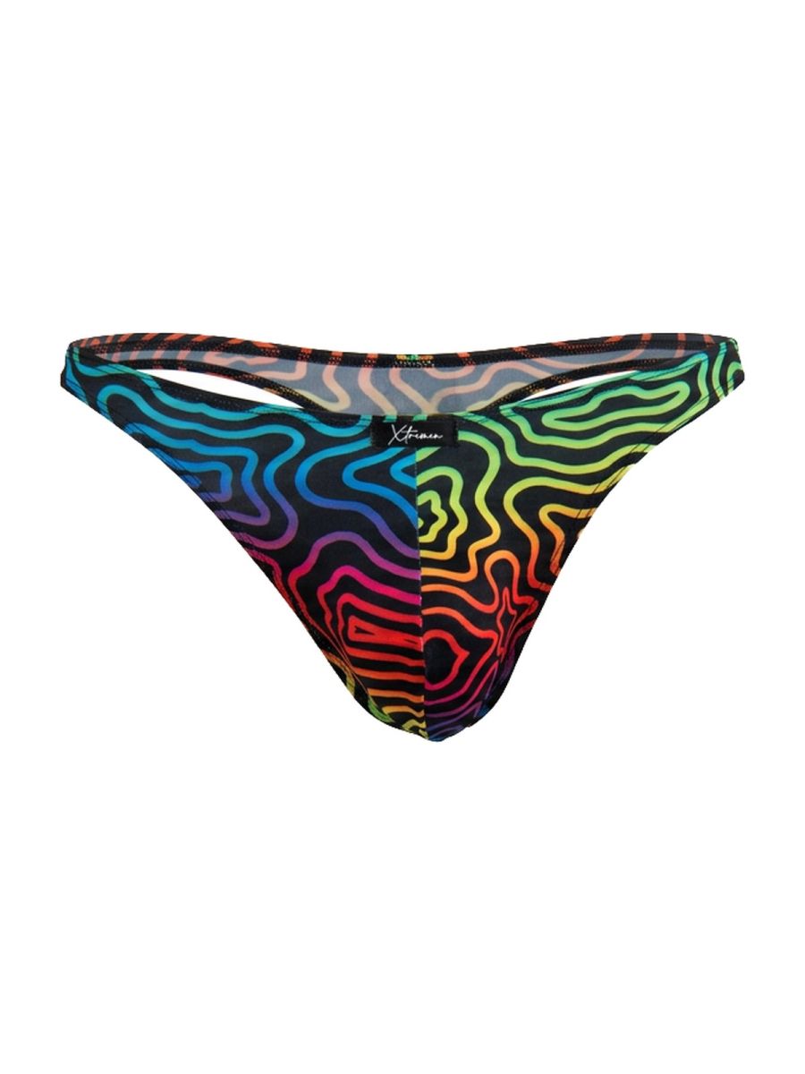 Xtremen 91284 printed microfiber thong with vibrant rainbow wavy psychedelic pattern on black base fabric