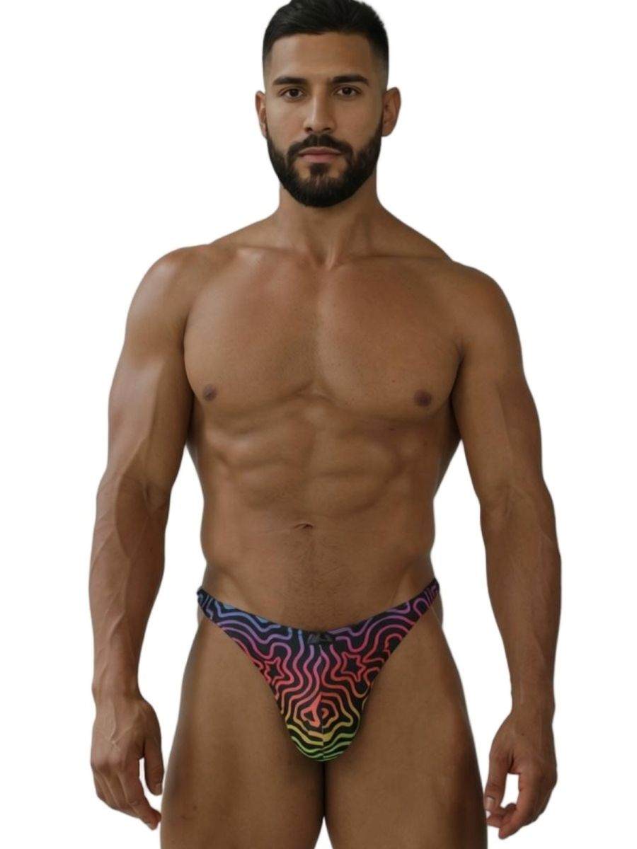 Xtremen 91284 printed microfiber thong with vibrant psychedelic rainbow gradient and starburst patterns