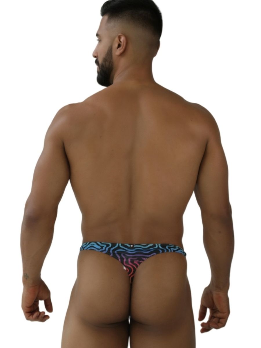 Xtremen 91284 printed microfiber thongs with blue and purple abstract labyrinth pattern swim trunks front view