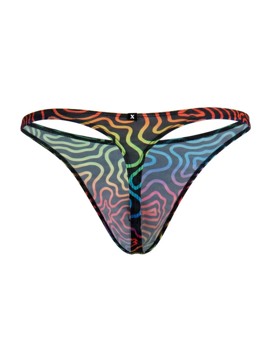 Xtremen 91284 printed microfiber thong in rainbow sheer mesh with wavy pattern and black trim, back side view