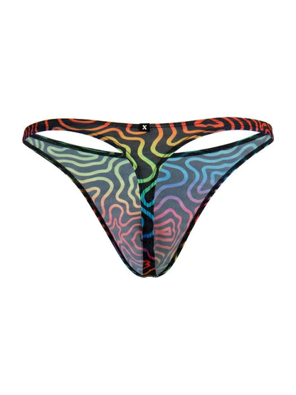Xtremen 91284 printed microfiber thong in rainbow sheer mesh with wavy pattern and black trim, back side view