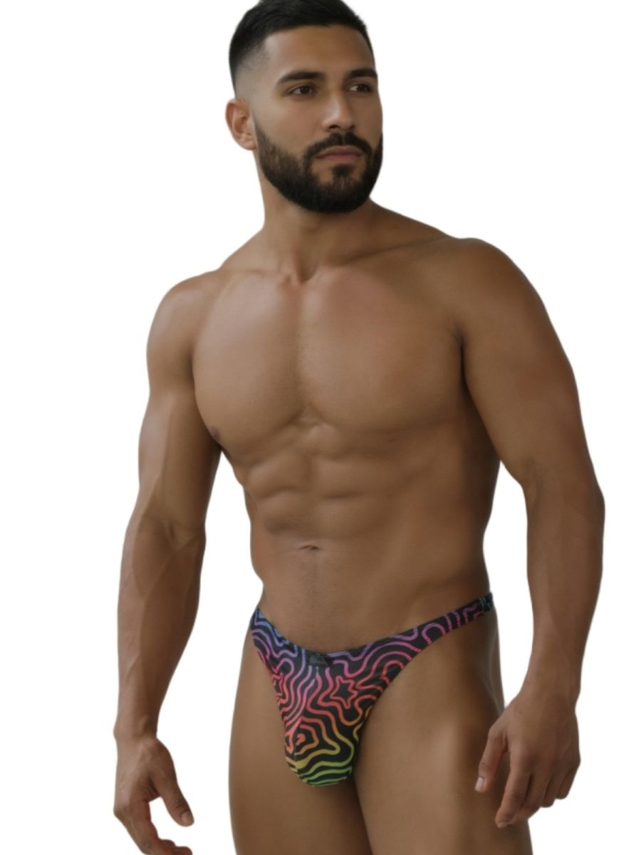 Men’s xtremen 91284 printed microfiber thongs in rainbow psychedelic labyrinth pattern briefs front view