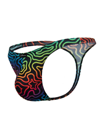 A vibrant rainbow-colored microfiber thong with wavy pattern and star design from xtremen 91284 color labyrinth collection