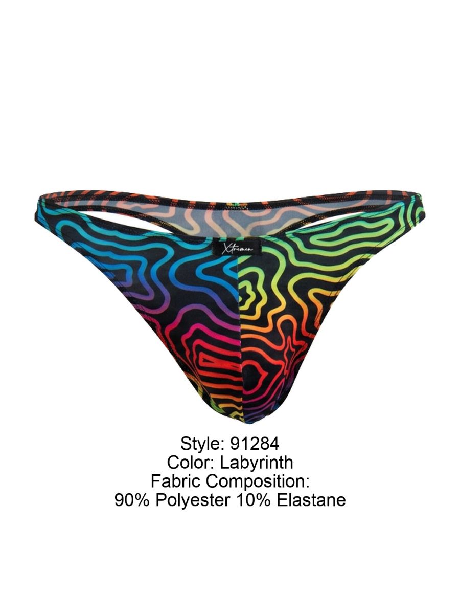 Xtremen 91284 printed microfiber thong with rainbow wavy pattern on black base fabric blend of polyester and elastane