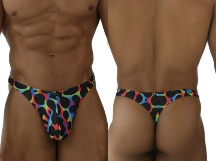 Xtremen 91284 printed microfiber thongs in vibrant rainbow with bold black leopard spot pattern color mushroom